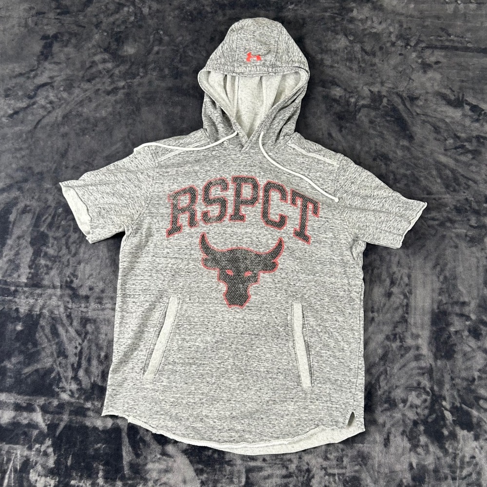 Under Armour Short‎ Sleeve Hoodie Mens Small Gray Project Rock RSPCT Brahma Bull